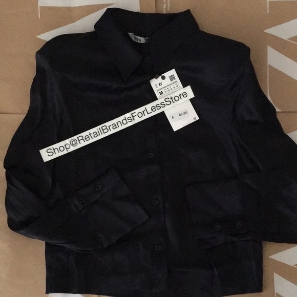 ZARA BLACK SHOULDER PAD SATIN EFFECT BUTTON DOWN SHIRT - Picture 11 of 14